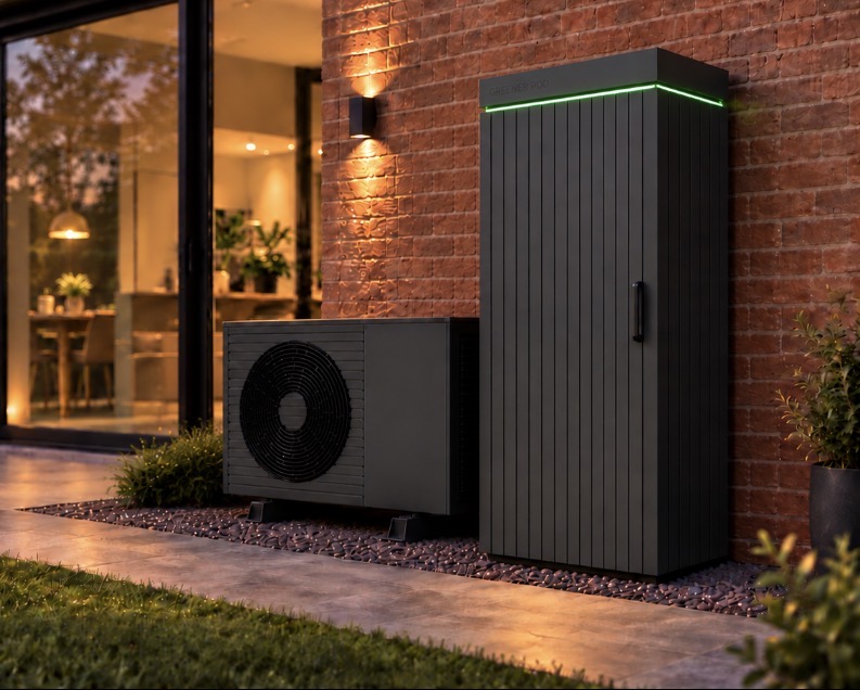 Greener Pod factory-built heating enclosure and air-source heat pump beside a modern brick home.