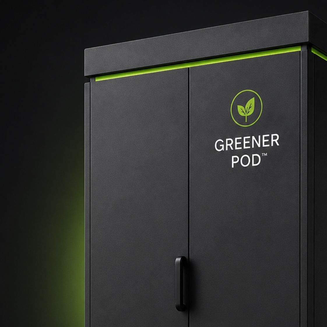 Close-up of a Greener Pod factory-built heating hub with lime-green light strip